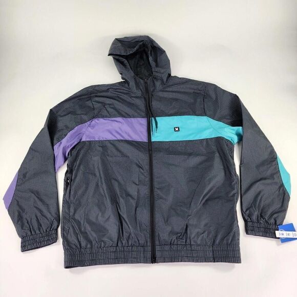 Hurley Brand Men's 90s Jack Windbreaker Jacket Size L Black & Purple Highlight